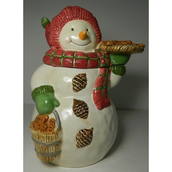 Vintage Bico Christmas Cookie Jar Snowwoman with Ginger Bread Men Cookies 10.5" - Picture 3 of 16